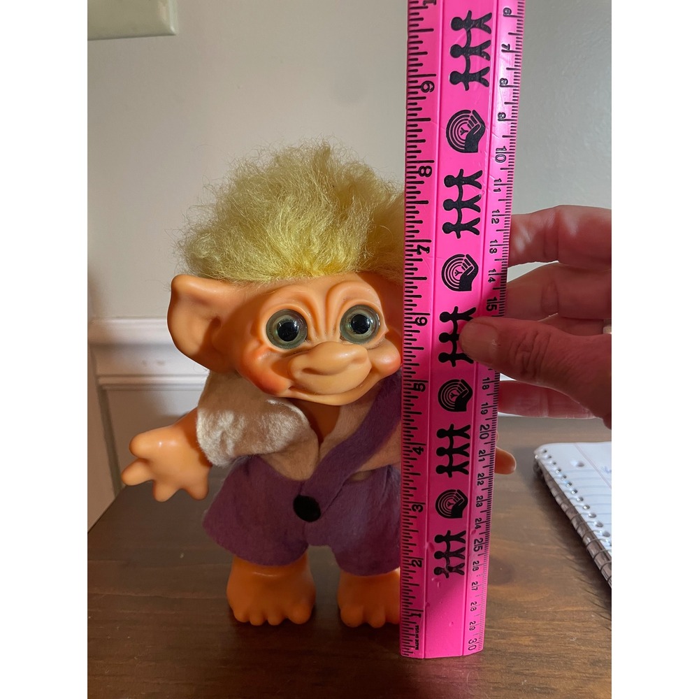Vintage Troll Doll Yellow Hair Green Eyes Purple Overalls Collectible coin bank - Picture 6 of 10